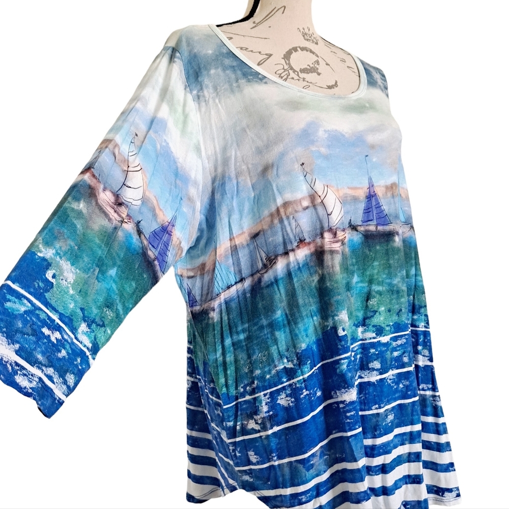 SOLD Karen Kane abstract art to wear boats on ocean stretchy blouse top size 1X - Picture 10 of 15
